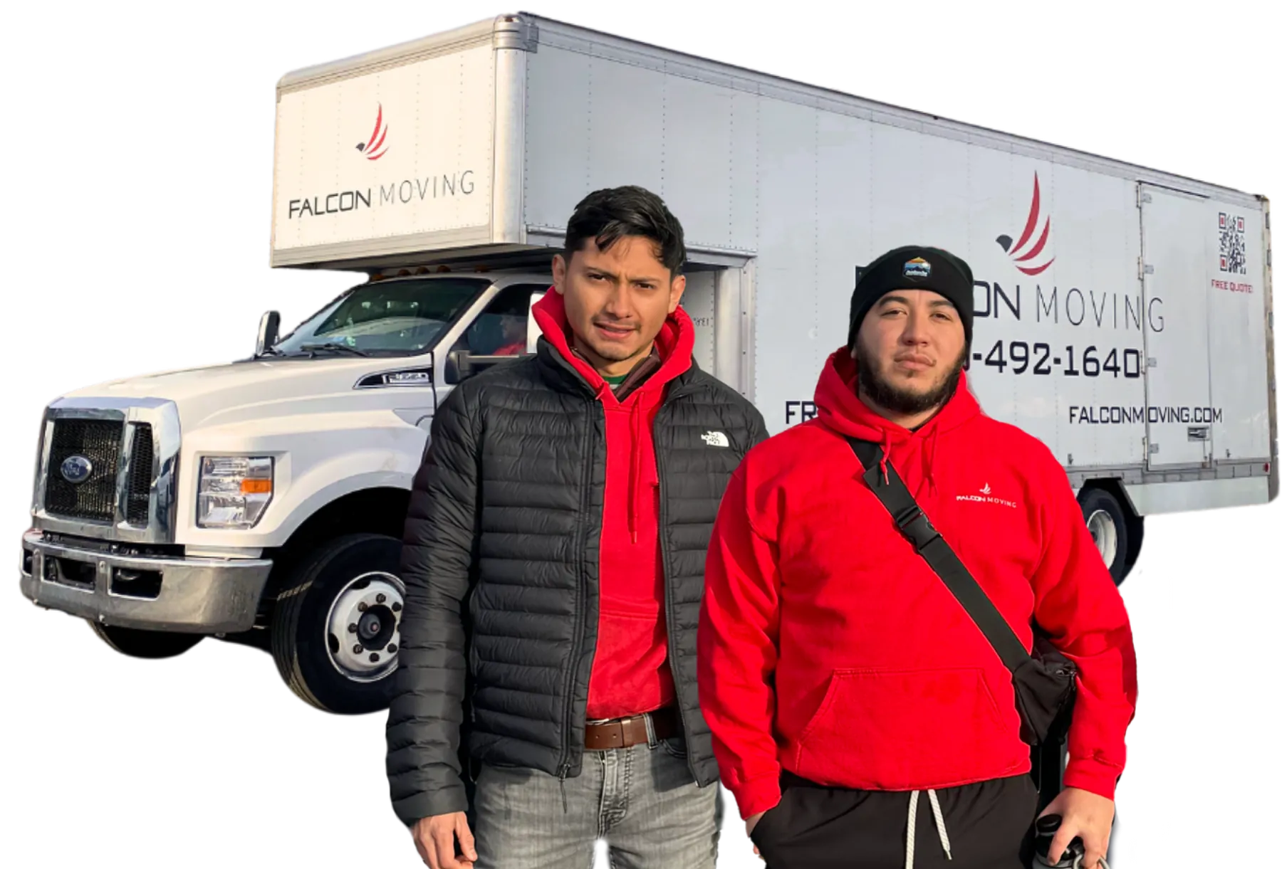 Two Falcon Moving team members standing in front of a branded moving truck